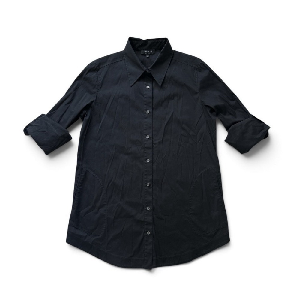 Lafayette 148 New York Tunic Button Up Shirt 8 Black Pockets Oversized Poplin